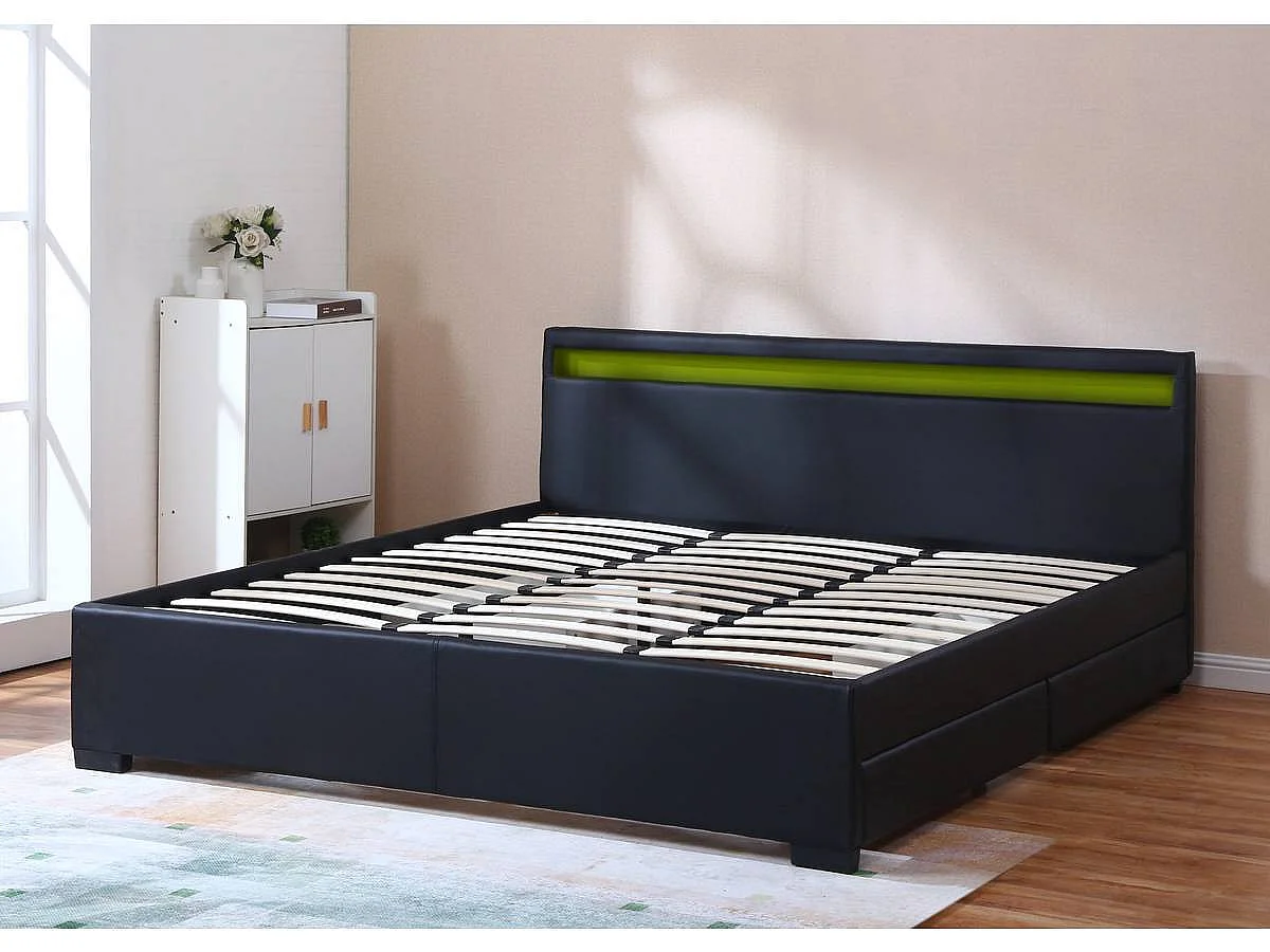 Nowoczesne Łóżko Dwuosobowe z Oświetleniem LED i 4 Szufladami "Nico" - 180 x 200 cm - Czarne