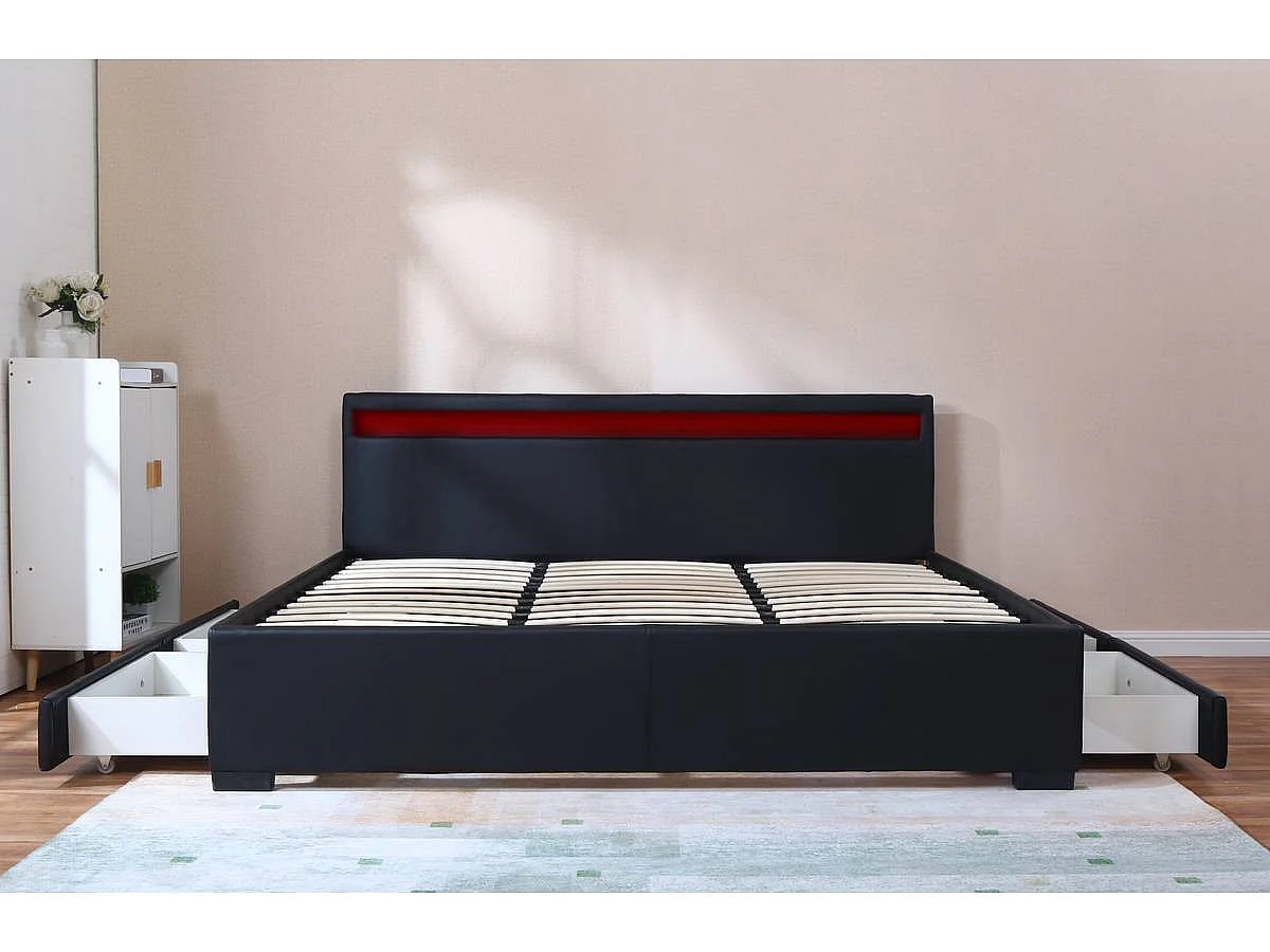 Nowoczesne Łóżko Dwuosobowe z Oświetleniem LED i 4 Szufladami "Nico" - 180 x 200 cm - Czarne