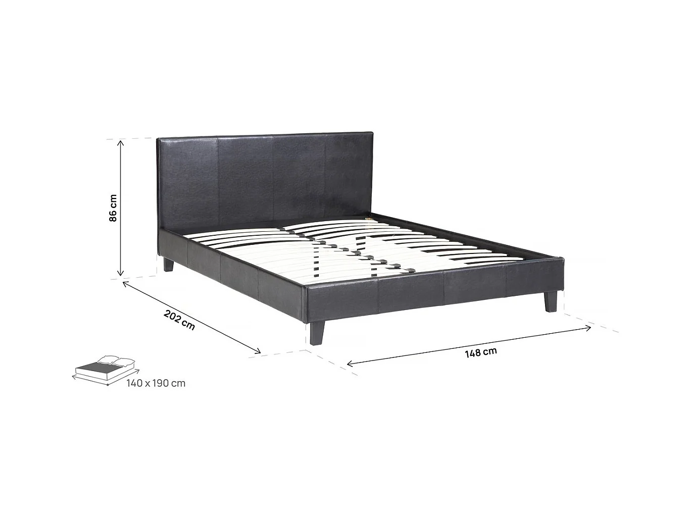 Cama de casal "Lina" preta em poliuretano - 140 x 190 cm com estrado de ripas e cabeceira