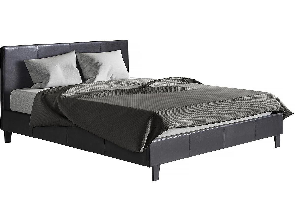 "Lina" Tweepersoonsbed - Zwart Kunstleer - Lattenbodem - 140 x 190 cm - Chic en Verfijnd