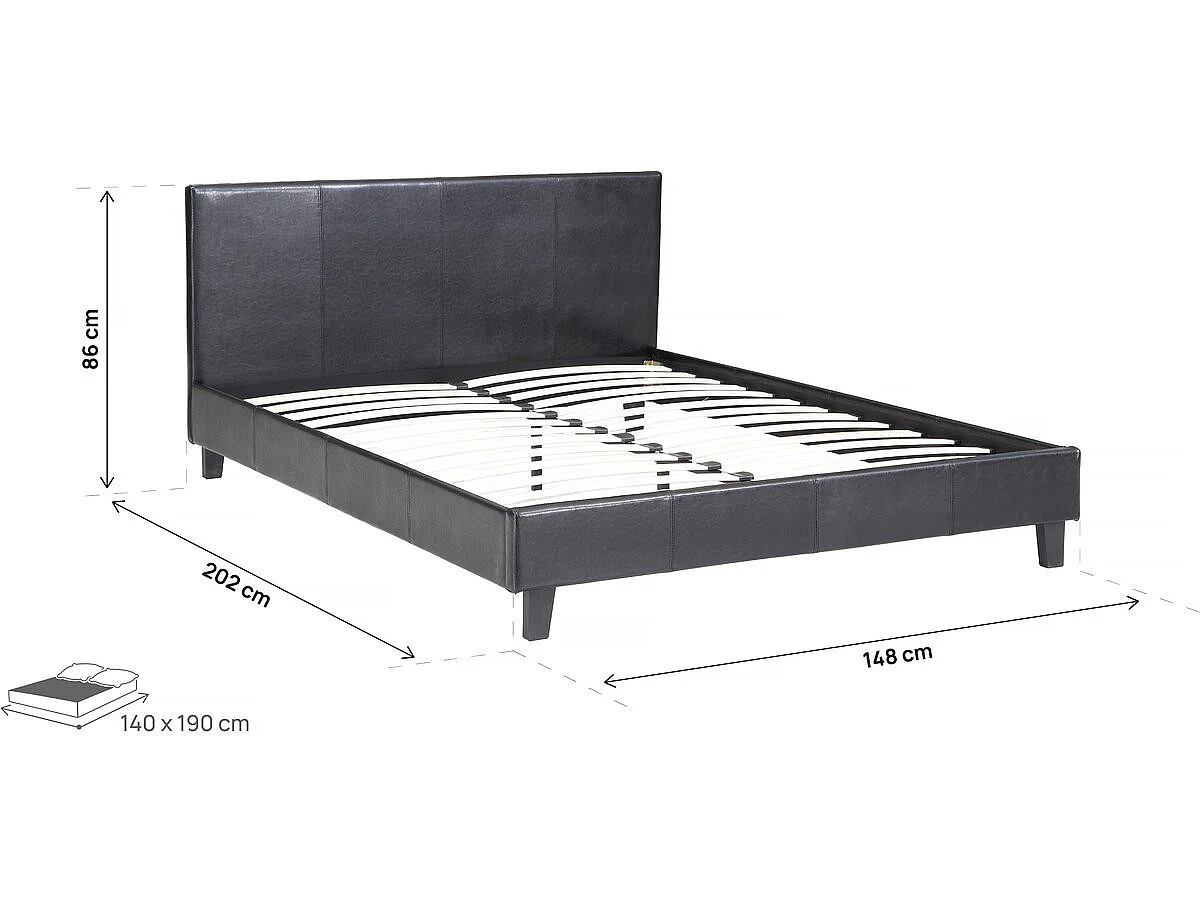 "Lina" Tweepersoonsbed - Zwart Kunstleer - Lattenbodem - 140 x 190 cm - Chic en Verfijnd
