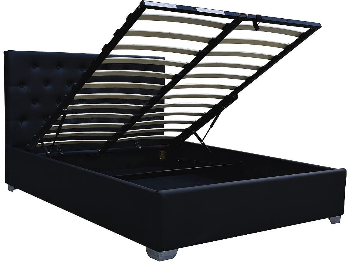 Cama de casal moderna com armazenamento "Tino" - 140 × 190 cm - Cabeceira em PVC preto - Armazenamento sob a cama
