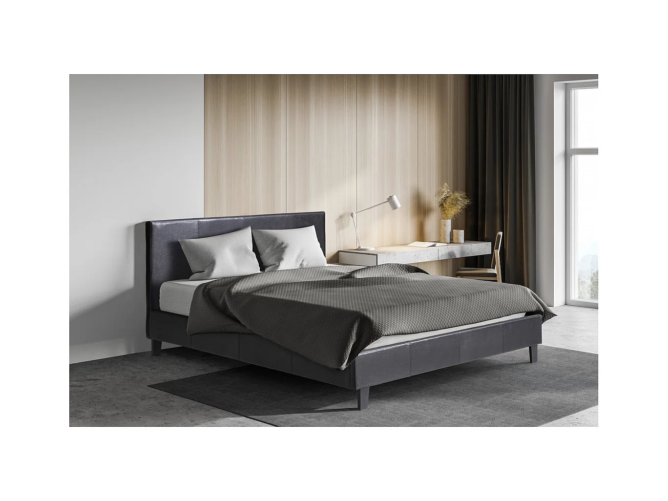 Tweepersoonsbed "Lina" in zwart leer - 160 x 200 cm met lattenbodem en hoofdeinde