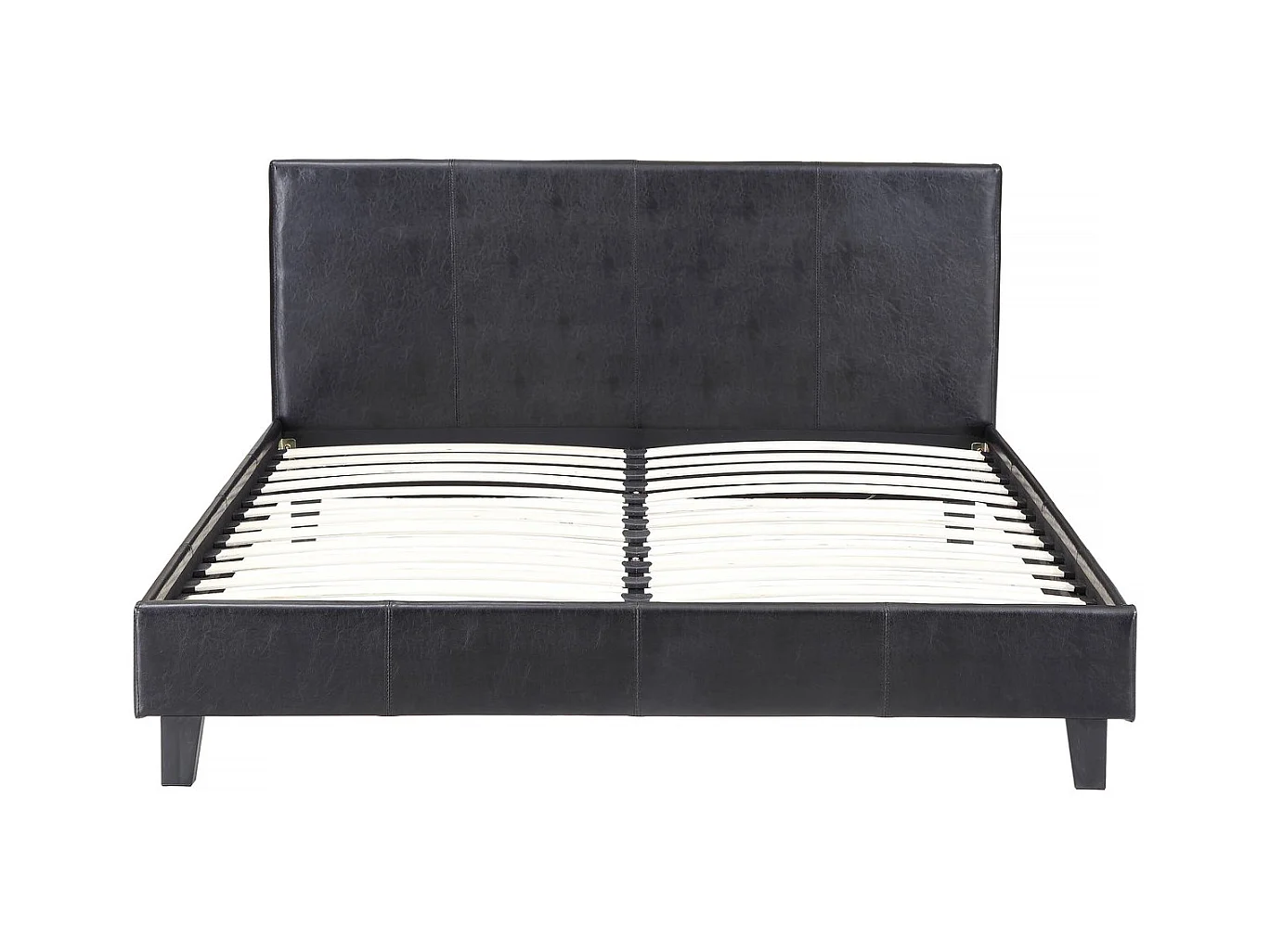 Tweepersoonsbed "Lina" in zwart leer - 160 x 200 cm met lattenbodem en hoofdeinde