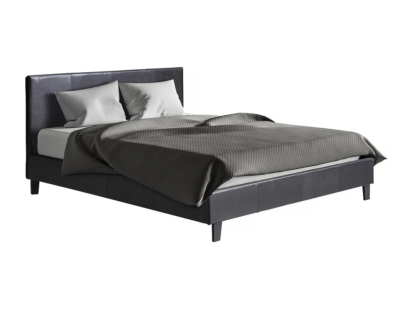 Tweepersoonsbed "Lina" in zwart leer - 160 x 200 cm met lattenbodem en hoofdeinde