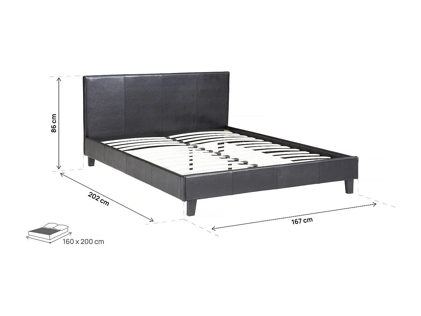 Tweepersoonsbed "Lina" in zwart leer - 160 x 200 cm met lattenbodem en hoofdeinde