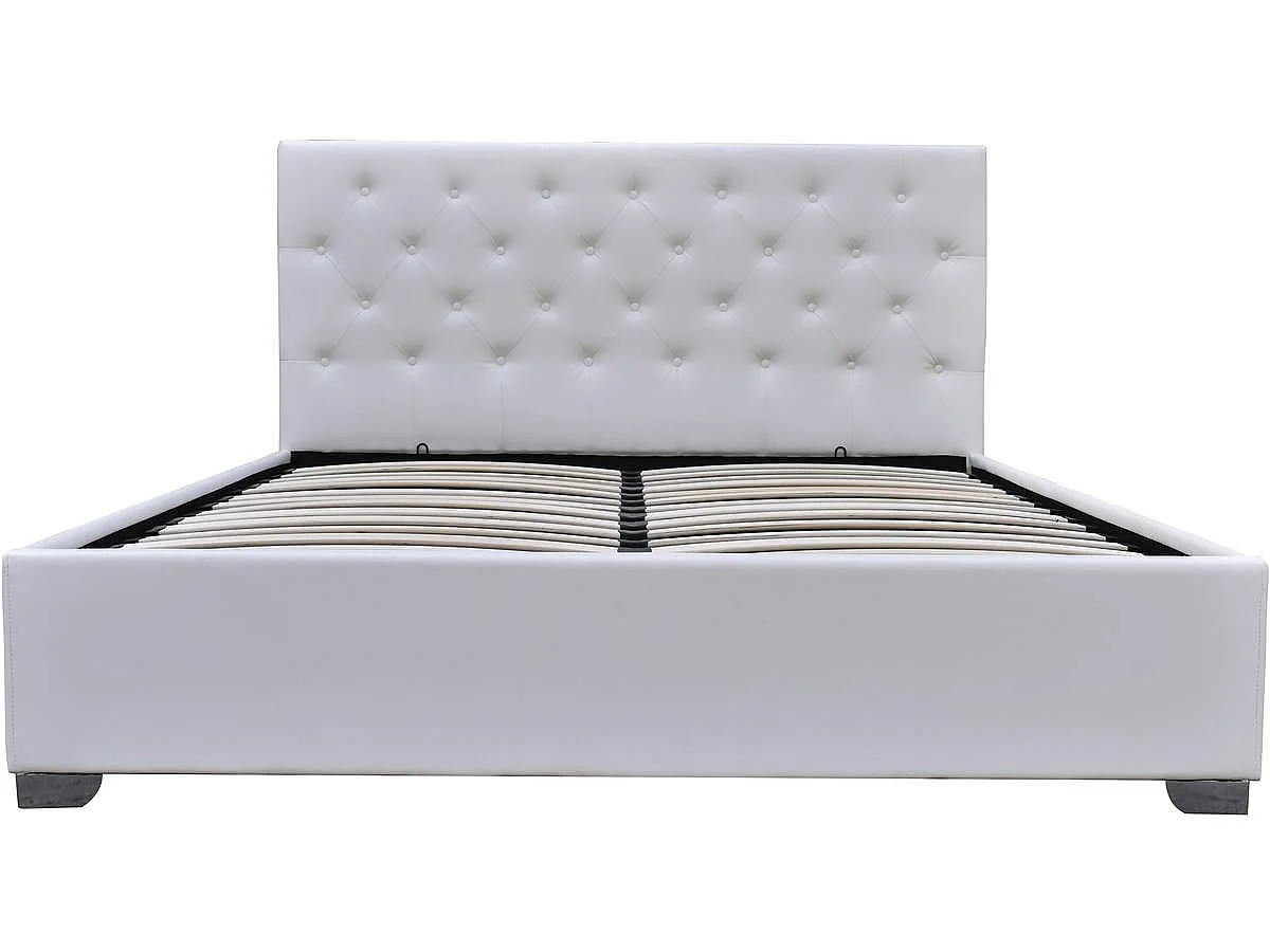 Cama de Casal Moderna com Armazenamento "Tino" - Cabeceira em PVC Branco - 140 x 190 cm
