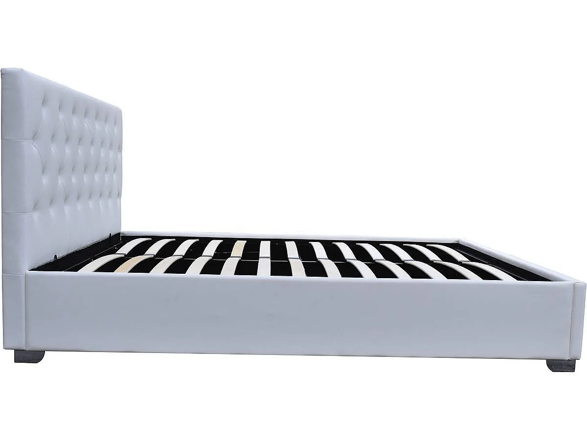 Cama de Casal Moderna com Armazenamento "Tino" - Cabeceira em PVC Branco - 140 x 190 cm