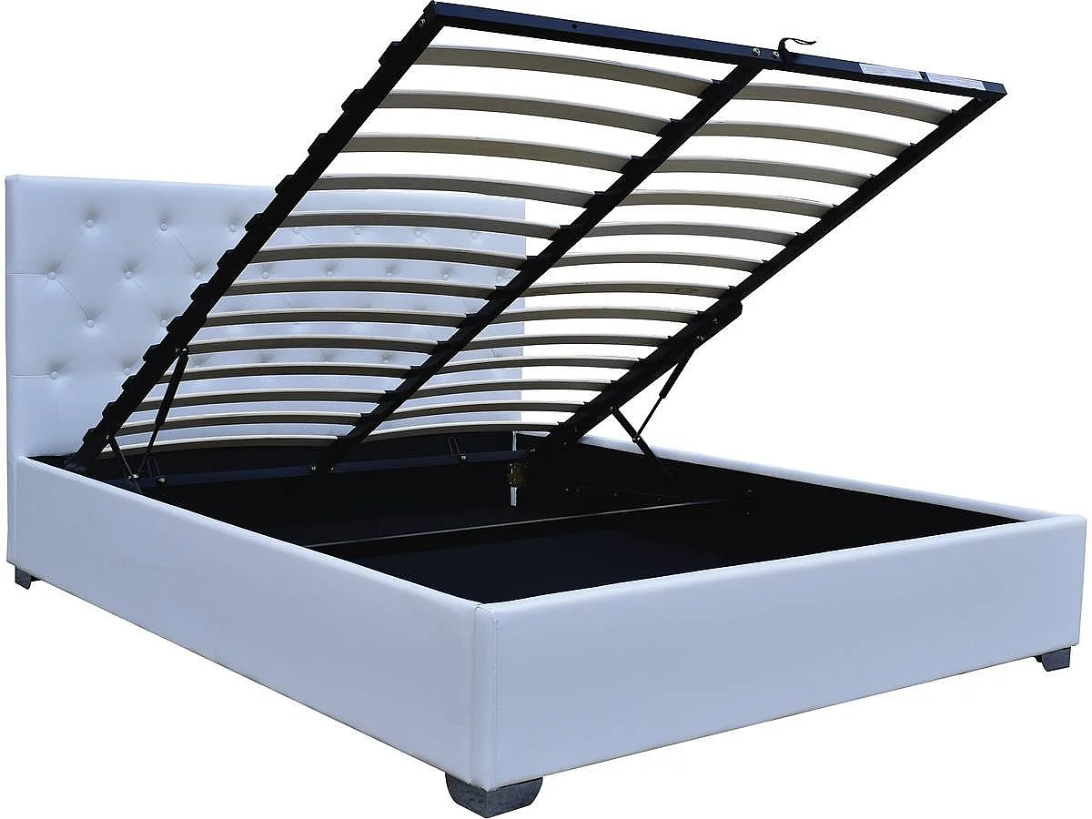 Cama de Casal Moderna com Armazenamento "Tino" - Cabeceira em PVC Branco - 140 x 190 cm