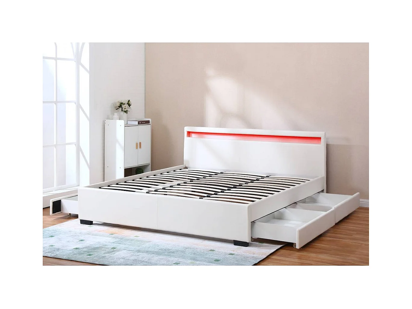 Cama de casal LED com 4 gavetas "Nico" - Branco - 180 x 200 cm