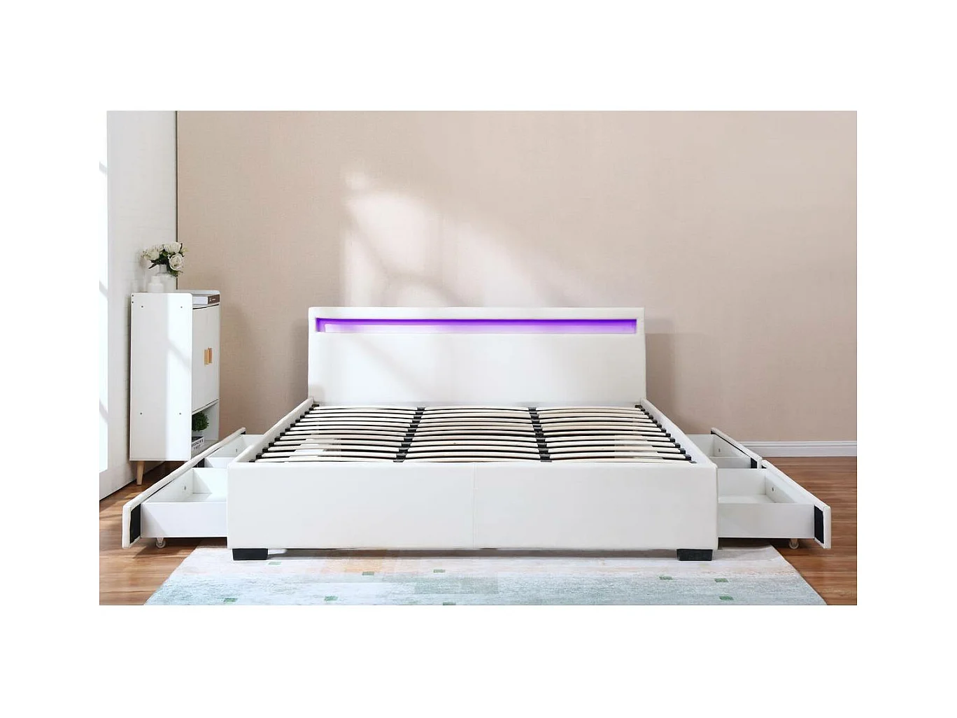 Cama de casal LED com 4 gavetas "Nico" - Branco - 180 x 200 cm