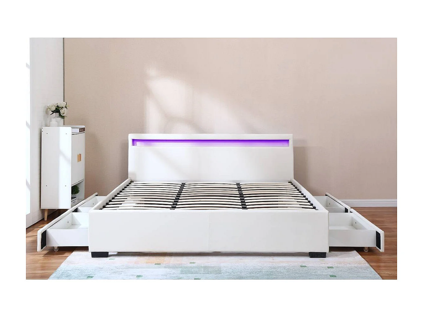 LIT LED double avec 4 tiroirs "Nico" - 180 x 200 cm - Blanc