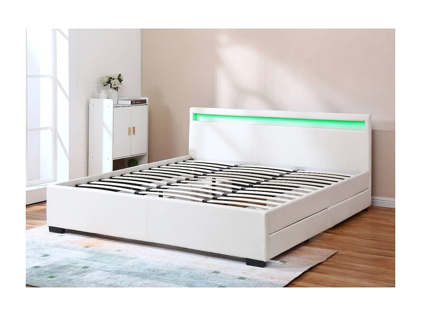 LIT LED double avec 4 tiroirs "Nico" - 180 x 200 cm - Blanc