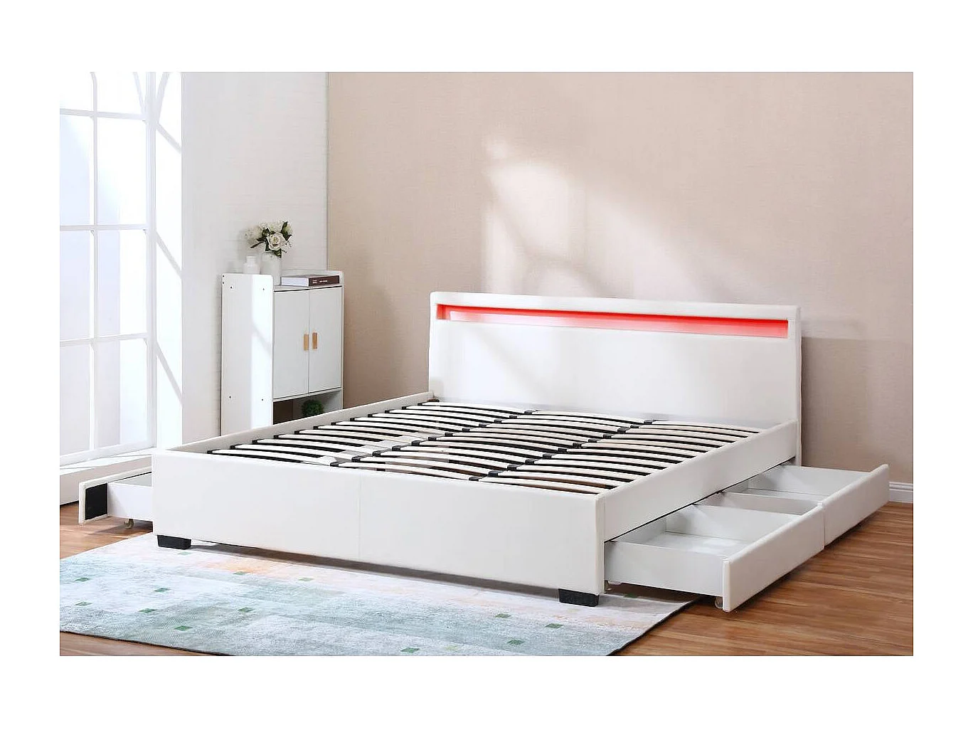 LIT LED double avec 4 tiroirs "Nico" - 180 x 200 cm - Blanc