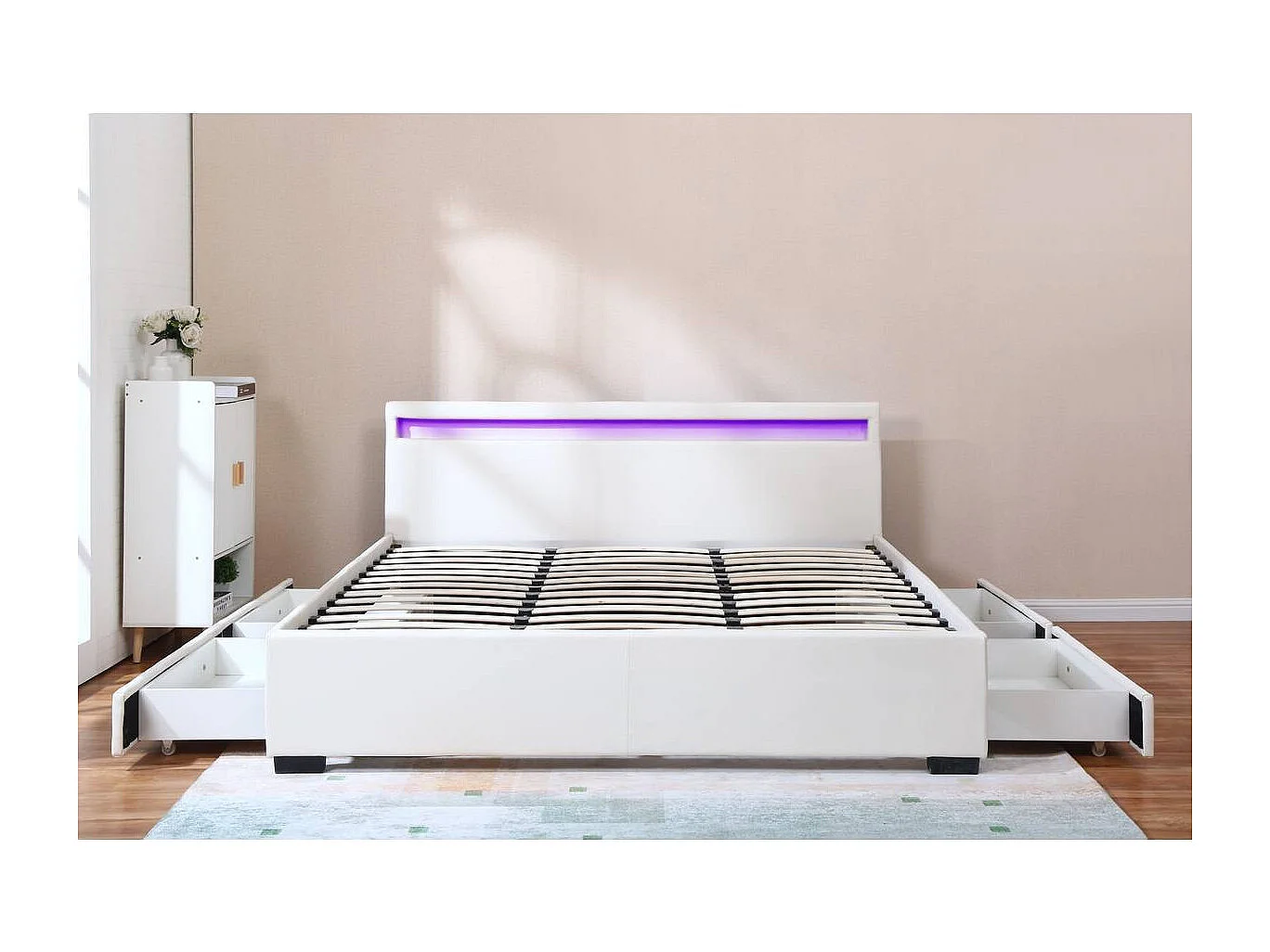 LIT LED double avec 4 tiroirs "Nico" - 180 x 200 cm - Blanc
