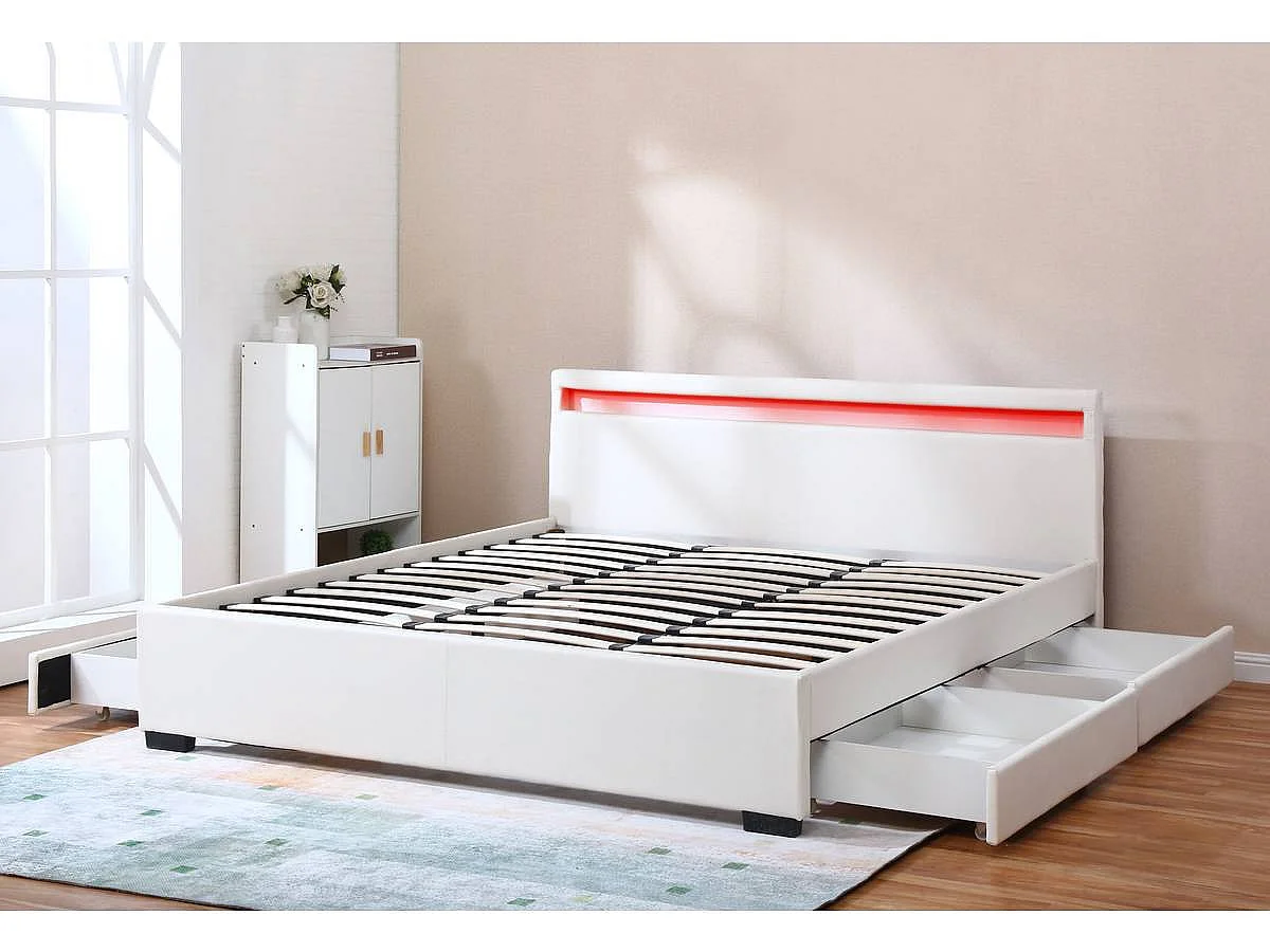 LIT LED double avec 4 tiroirs "Nico" - 180 x 200 cm - Blanc