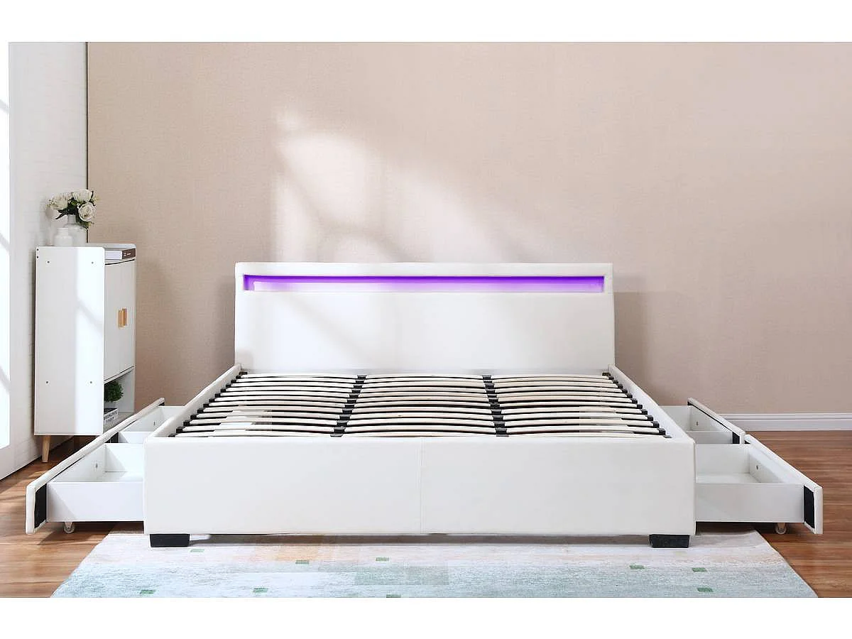 LIT LED double avec 4 tiroirs "Nico" - 180 x 200 cm - Blanc