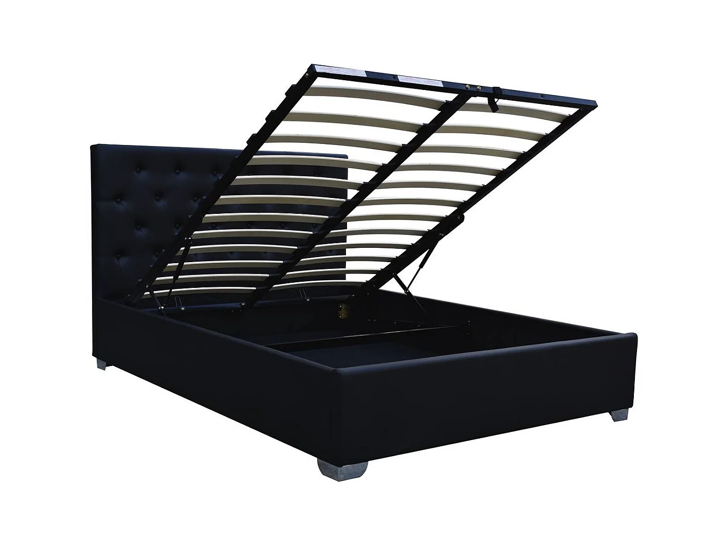 Cama de casal com armazenamento "Tino" - 180 x 200 cm - Preto, cabeceira acolchoada e espaço de armazenamento discreto