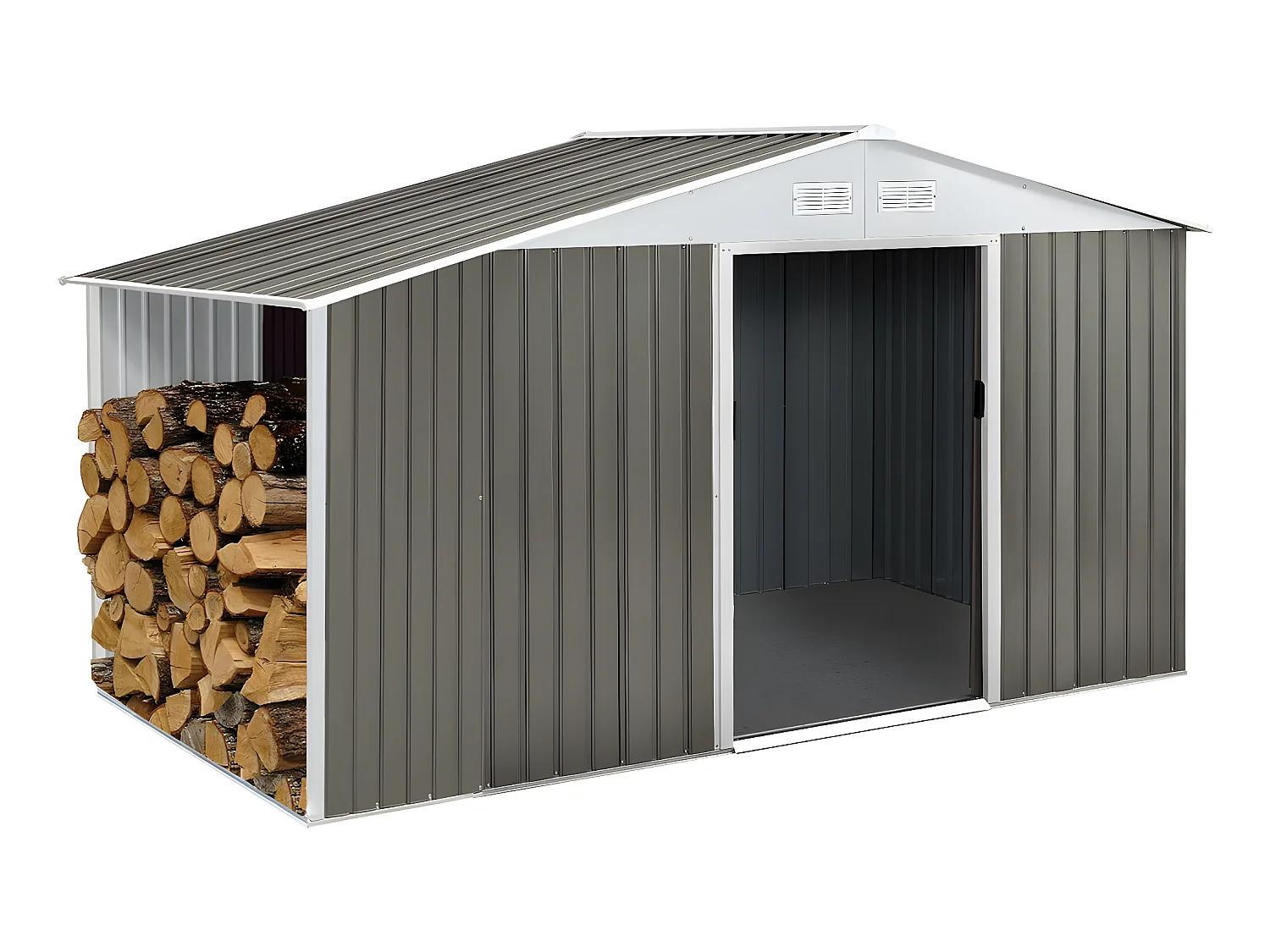 Abri de jardin métal "Dallas" 5,29 m² avec abri bûche - Taupe