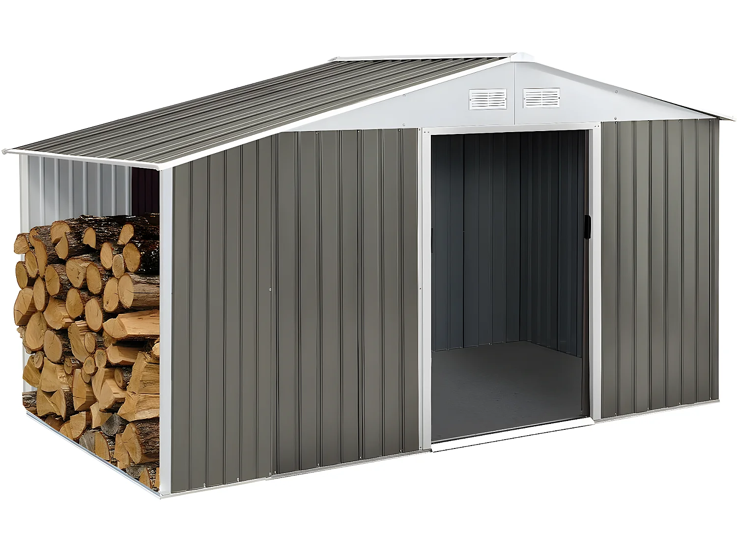 Abri de jardin métal "Dallas" 5,29 m² avec abri bûche - Taupe