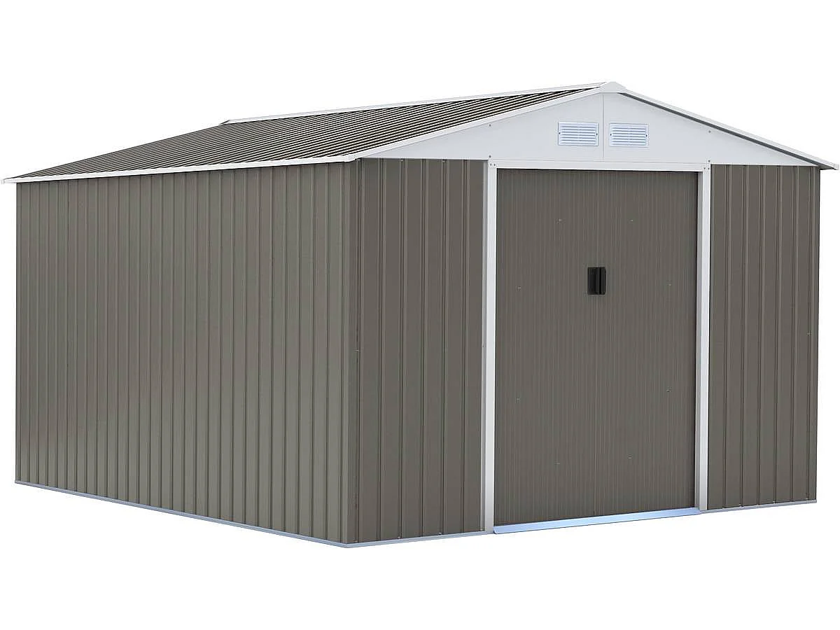 Metall Trädgårdsförråd "Dallas" 12,99m² med Vedförvaring - Taupe/Vit, Rostskyddad, UV-resistent