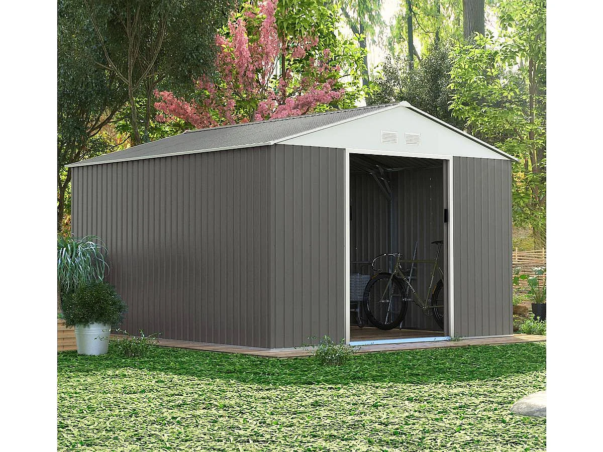 Metall Trädgårdsförråd "Dallas" 12,99m² med Vedförvaring - Taupe/Vit, Rostskyddad, UV-resistent