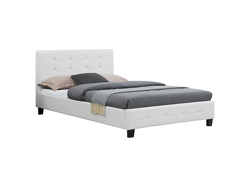 Lit simple pour adulte MARLON avec sommier 120x190 cm 1 place et demi/1 personne tête et pied de lit capitonnés en synthétique blanc