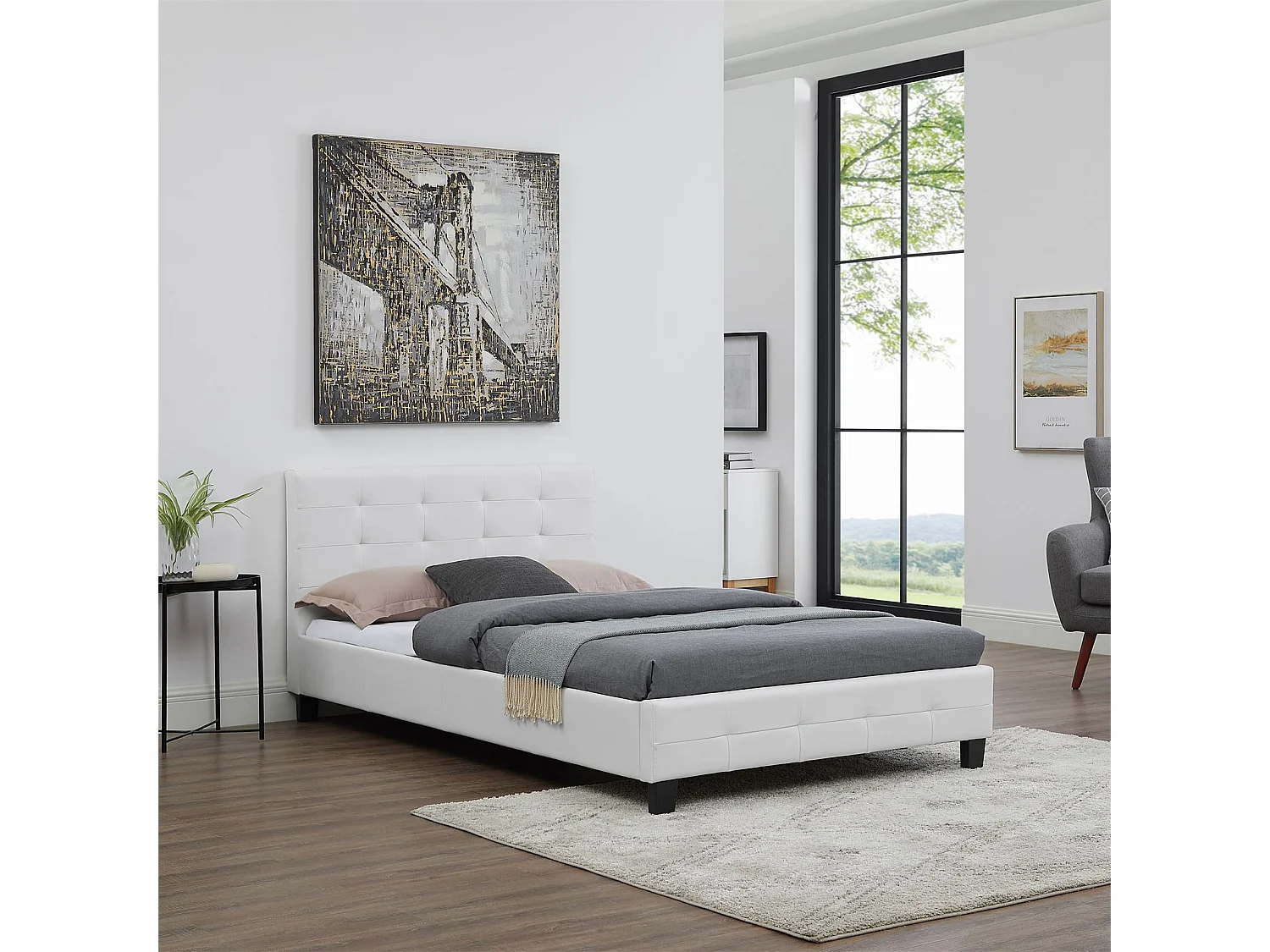 Lit simple pour adulte MARLON avec sommier 120x190 cm 1 place et demi/1 personne tête et pied de lit capitonnés en synthétique blanc