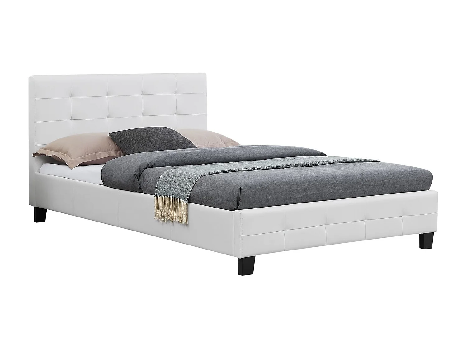 Lit simple pour adulte MARLON avec sommier 120x190 cm 1 place et demi/1 personne tête et pied de lit capitonnés en synthétique blanc