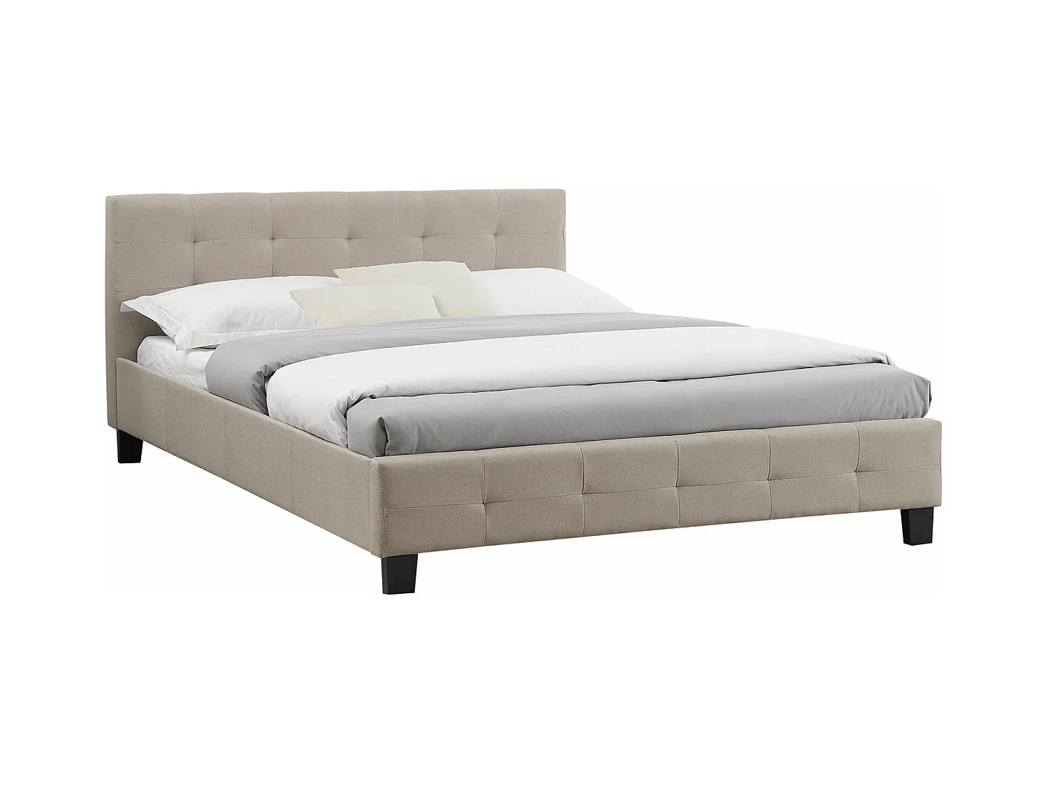 Lit double pour adulte MATHIEU avec sommier 140x190 cm 2 places / 2 personnes, tête et pied de lit capitonnés, en tissu beige