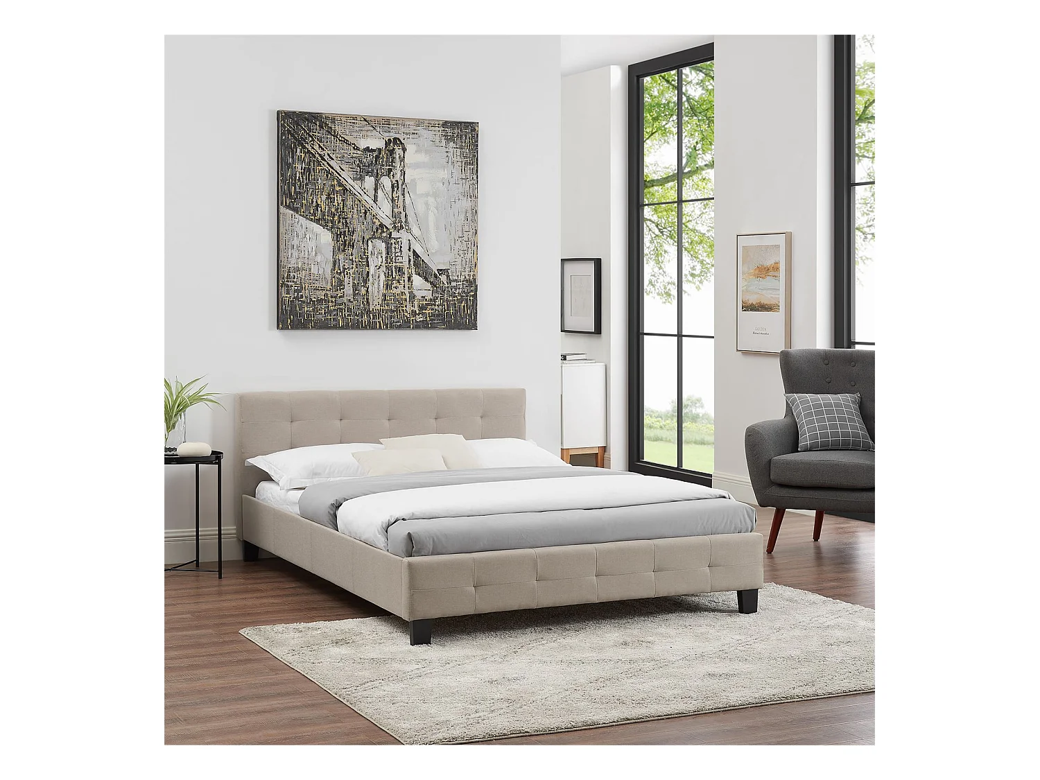 Lit double pour adulte MATHIEU avec sommier 140x190 cm 2 places / 2 personnes, tête et pied de lit capitonnés, en tissu beige