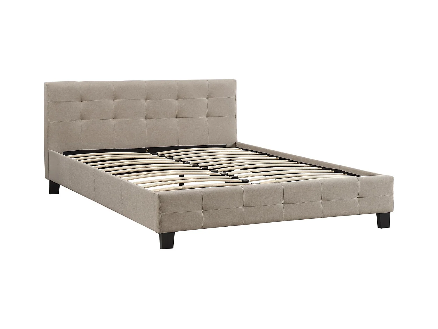 Lit double pour adulte MATHIEU avec sommier 140x190 cm 2 places / 2 personnes, tête et pied de lit capitonnés, en tissu beige
