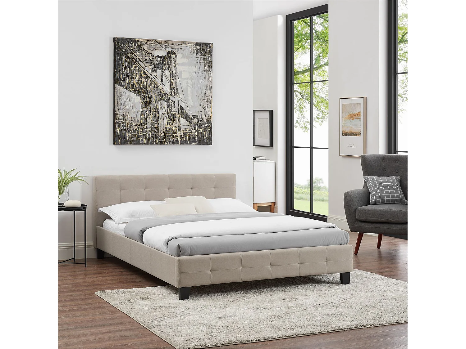 Lit double pour adulte MATHIEU avec sommier 140x190 cm 2 places / 2 personnes, tête et pied de lit capitonnés, en tissu beige