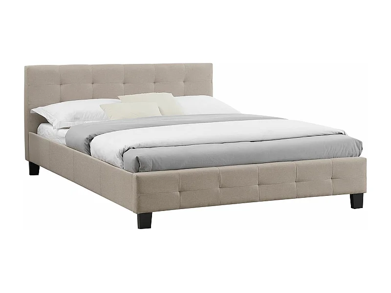 Lit double pour adulte MATHIEU avec sommier 140x190 cm 2 places / 2 personnes, tête et pied de lit capitonnés, en tissu beige