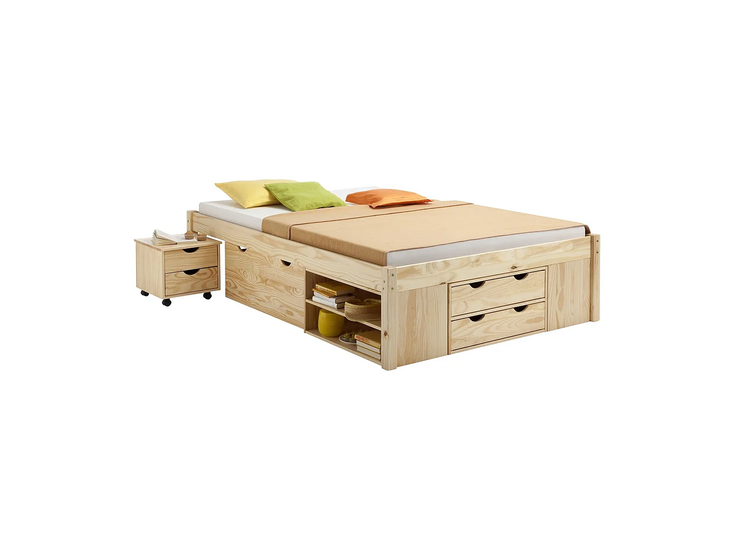 Lit fonctionnel SABRINA lit double pour enfant ou adulte en pin massif naturel, avec 2 tables de chevet et 4 tiroirs de rangements