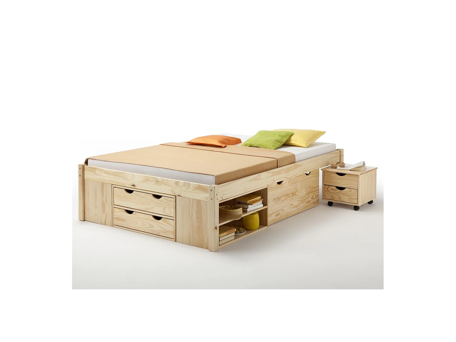 Lit fonctionnel SABRINA lit double pour enfant ou adulte en pin massif naturel, avec 2 tables de chevet et 4 tiroirs de rangements