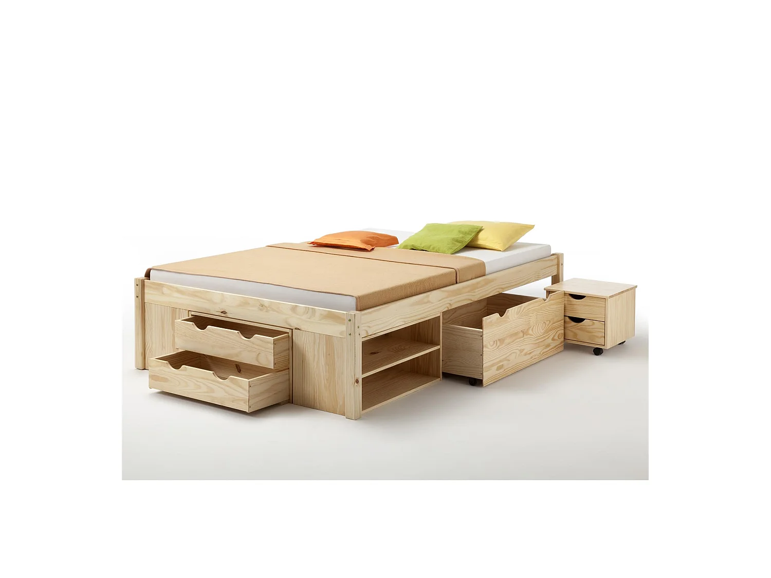 Lit fonctionnel SABRINA lit double pour enfant ou adulte en pin massif naturel, avec 2 tables de chevet et 4 tiroirs de rangements