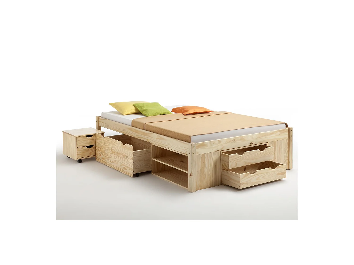 Lit fonctionnel SABRINA lit double pour enfant ou adulte en pin massif naturel, avec 2 tables de chevet et 4 tiroirs de rangements