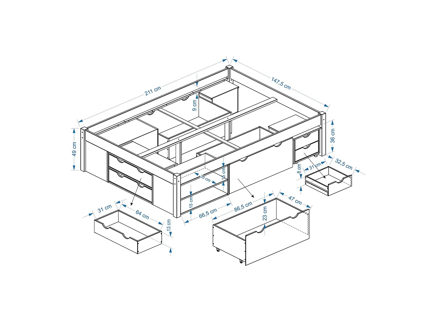 Lit fonctionnel SABRINA lit double pour enfant ou adulte en pin massif naturel, avec 2 tables de chevet et 4 tiroirs de rangements