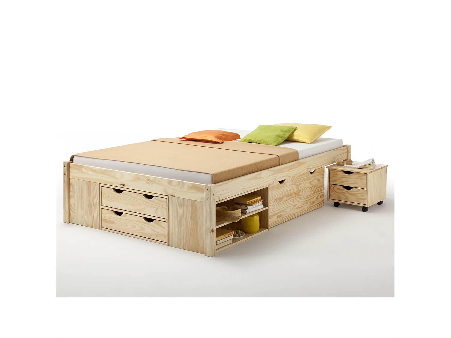 Lit fonctionnel SABRINA lit double pour enfant ou adulte en pin massif naturel, avec 2 tables de chevet et 4 tiroirs de rangements