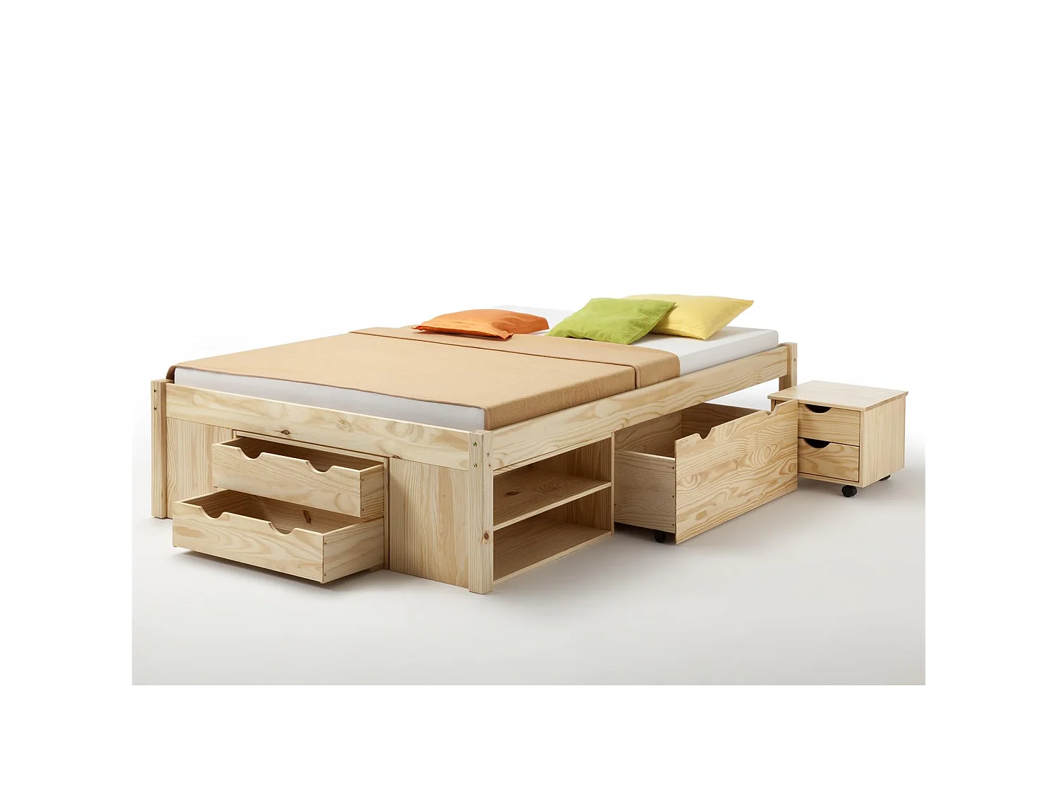 Lit fonctionnel SABRINA lit double pour enfant ou adulte en pin massif naturel, avec 2 tables de chevet et 4 tiroirs de rangements