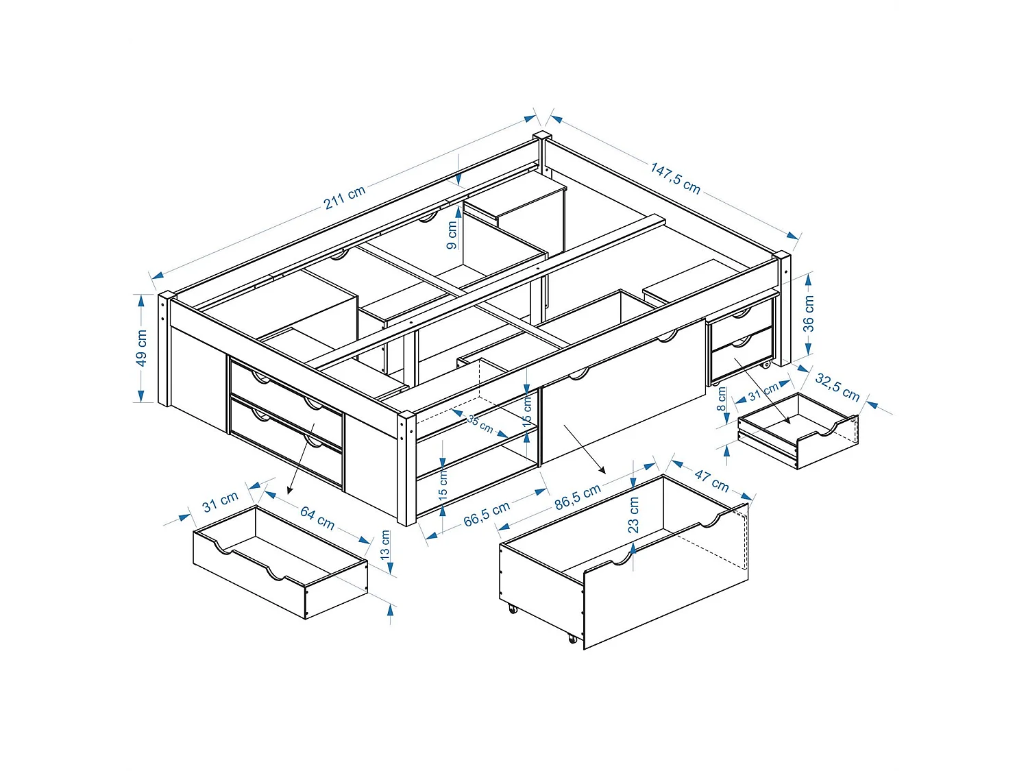 Lit fonctionnel SABRINA lit double pour enfant ou adulte en pin massif naturel, avec 2 tables de chevet et 4 tiroirs de rangements