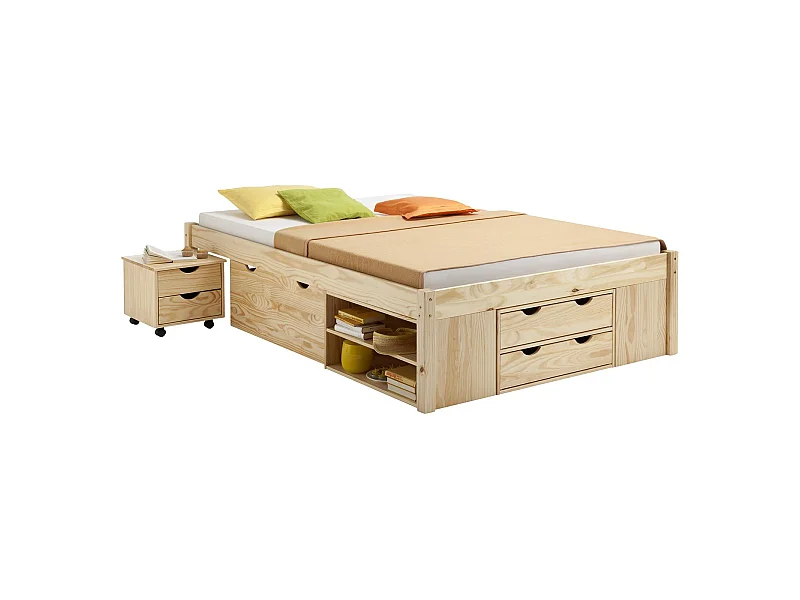 Lit fonctionnel SABRINA lit double pour enfant ou adulte en pin massif naturel, avec 2 tables de chevet et 4 tiroirs de rangements