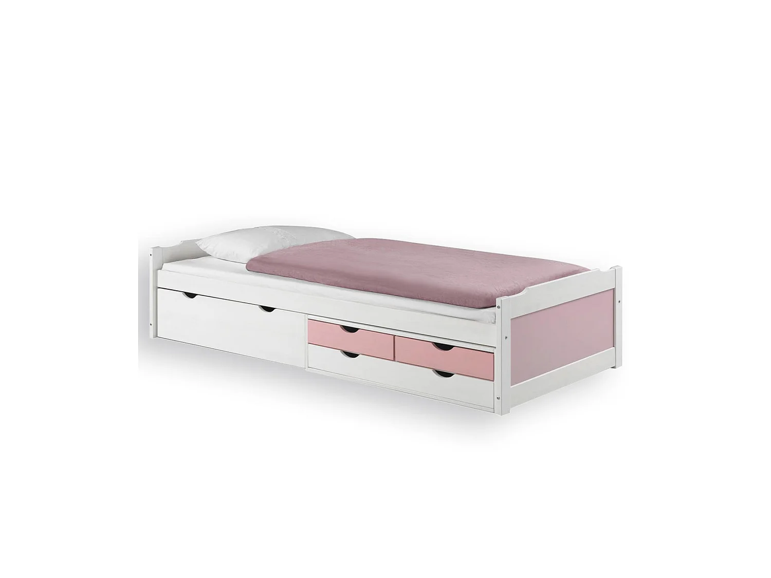 Lit fonctionnel ANDREA en pin massif lasuré blanc et rose 90 x 200 cm, lit pour enfant avec rangement