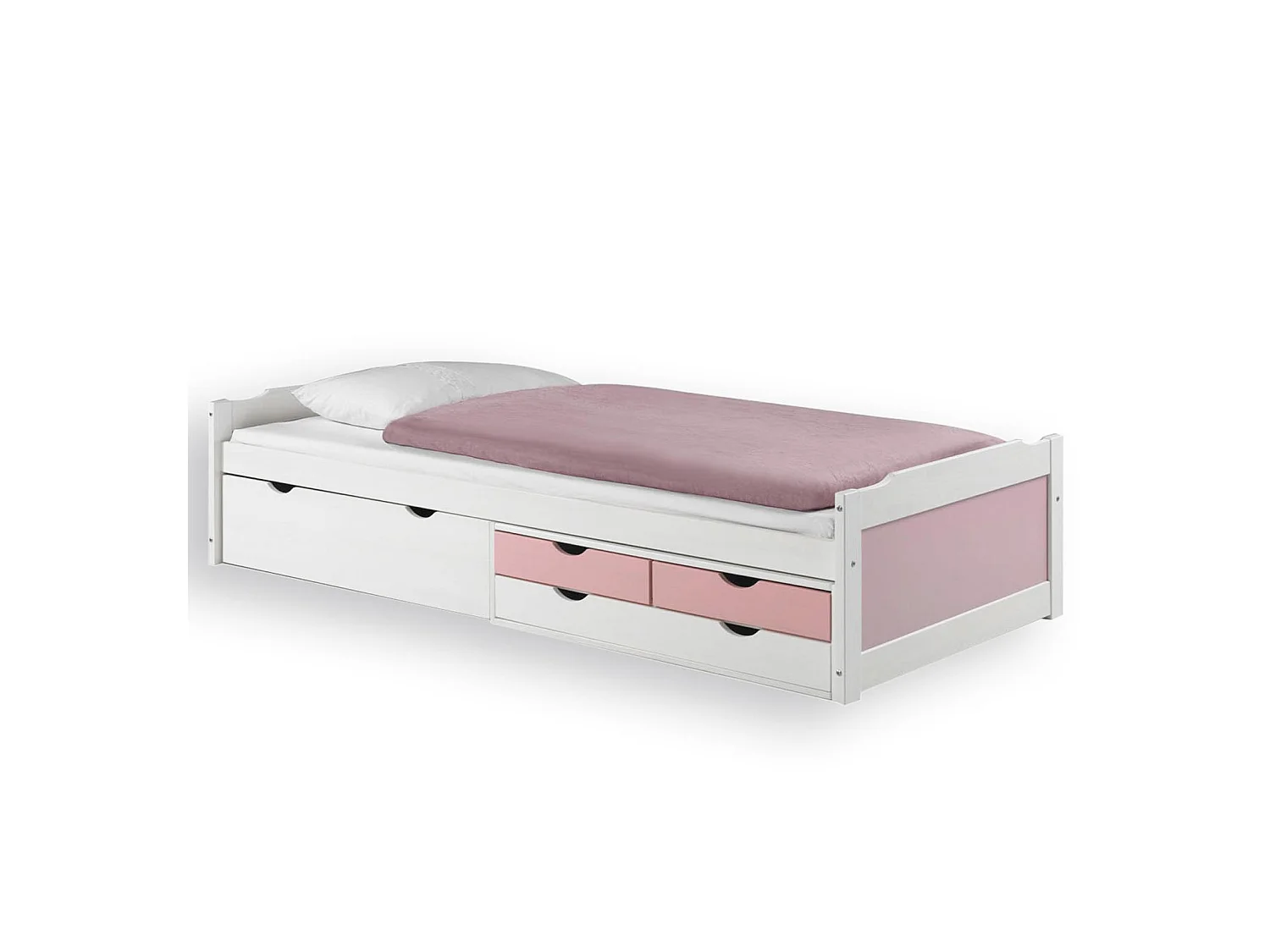 Lit fonctionnel ANDREA en pin massif lasuré blanc et rose 90 x 200 cm, lit pour enfant avec rangement