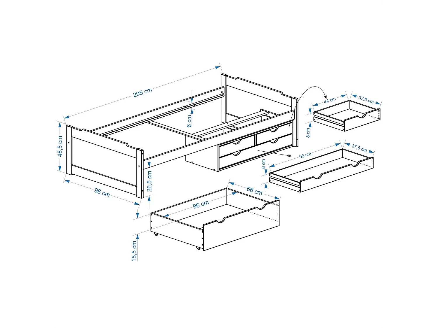 Lit fonctionnel ANDREA en pin massif lasuré blanc et rose 90 x 200 cm, lit pour enfant avec rangement