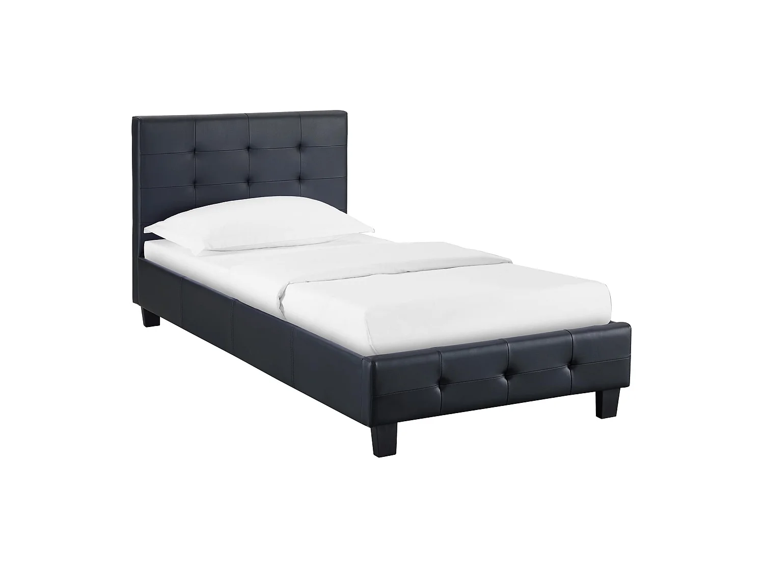 Lit simple pour adulte ou enfant REVE avec sommier 90x190 cm 1 place/1 personne, tête et pied de lit capitonnés, en synthétique noir