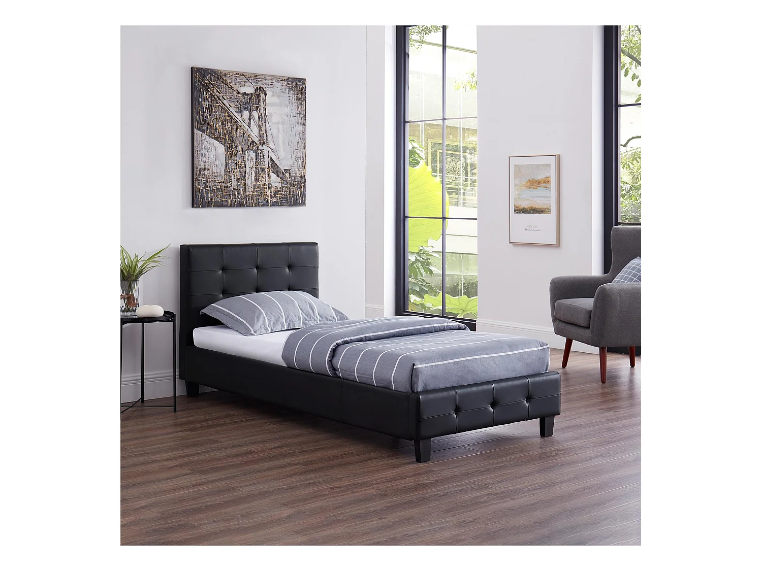 Lit simple pour adulte ou enfant REVE avec sommier 90x190 cm 1 place/1 personne, tête et pied de lit capitonnés, en synthétique noir