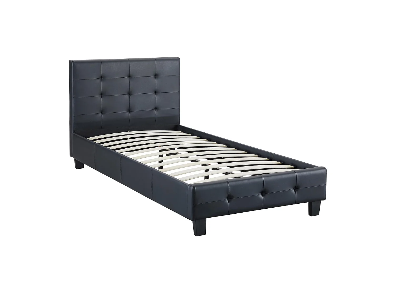 Lit simple pour adulte ou enfant REVE avec sommier 90x190 cm 1 place/1 personne, tête et pied de lit capitonnés, en synthétique noir