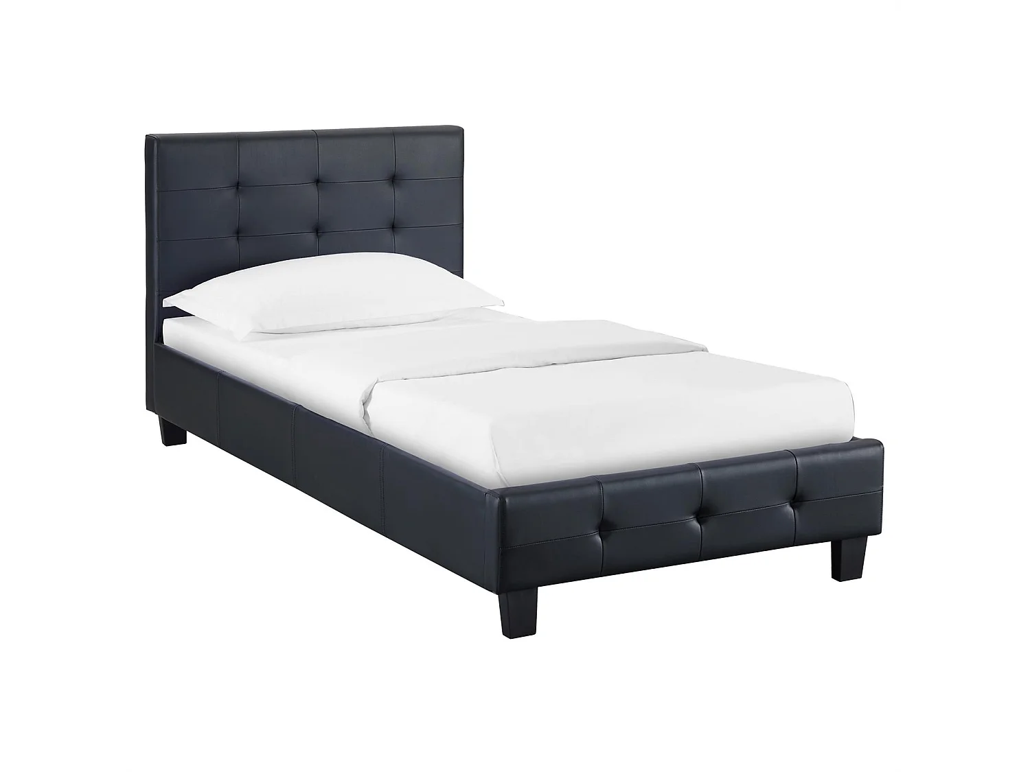 Lit simple pour adulte ou enfant REVE avec sommier 90x190 cm 1 place/1 personne, tête et pied de lit capitonnés, en synthétique noir